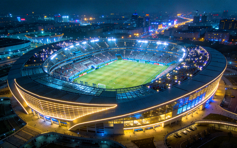 世界杯比赛场馆夜景全景图，灯光璀璨的现代化足球场